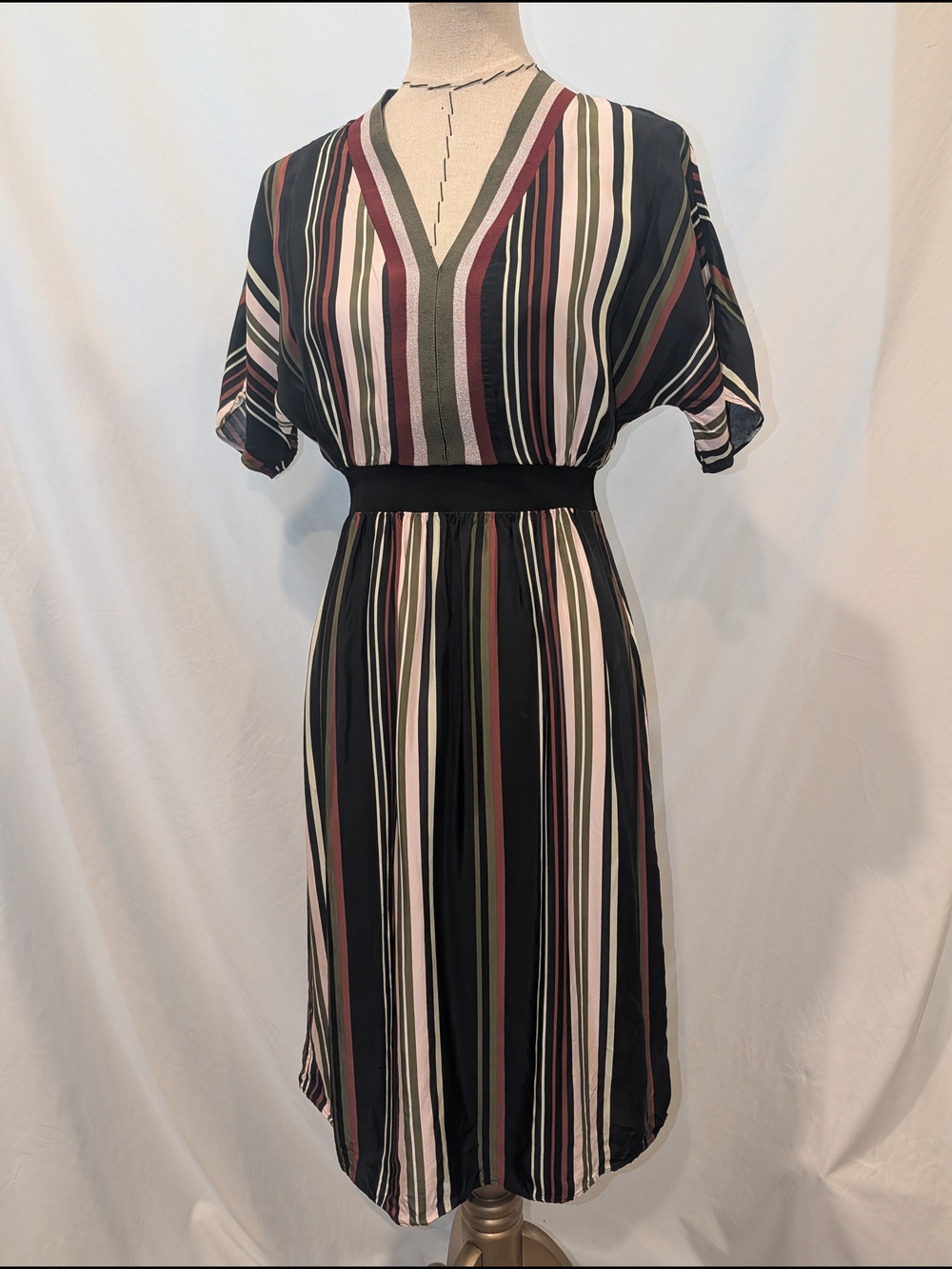 Ted Baker London Black‎ Midi Dress with Cream, Pink and Olive Stripes - Picture 8 of 11